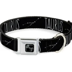Dog Bone Black/Silver Seatbelt Buckle Collar - Zodiac TAURUS/Constellation Black/White