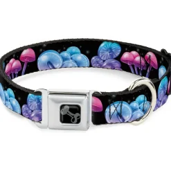 Dog Bone Black/Silver Seatbelt Buckle Collar - Mushroom Glow Black/Multi Color