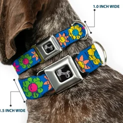 Dog Bone Black/Silver Seatbelt Buckle Collar - Funky Flower Drip Blue/Multi Color