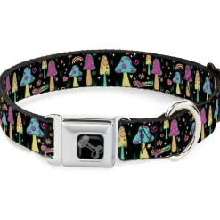 Dog Bone Black/Silver Seatbelt Buckle Collar - Mushroom SHROOMY Garden Black/Multi Color