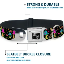 Dog Bone Black/Silver Seatbelt Buckle Collar - Mushroom SHROOMY Garden Black/Multi Color