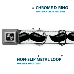 Dog Bone Black/Silver Seatbelt Buckle Collar - Plastic Mustache White/Black