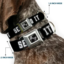 Dog Bone Black/Silver Seatbelt Buckle Collar - SEND IT Black/White