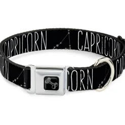 Dog Bone Black/Silver Seatbelt Buckle Collar - Zodiac CAPRICORN/Constellation Black/White
