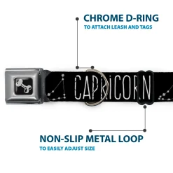Dog Bone Black/Silver Seatbelt Buckle Collar - Zodiac CAPRICORN/Constellation Black/White