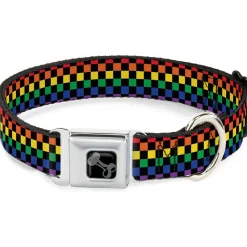 Dog Bone Black/Silver Seatbelt Buckle Collar - Checker Black/Rainbow Multi Color
