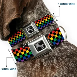 Dog Bone Black/Silver Seatbelt Buckle Collar - Checker Black/Rainbow Multi Color