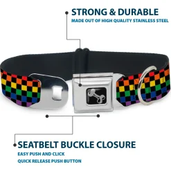 Dog Bone Black/Silver Seatbelt Buckle Collar - Checker Black/Rainbow Multi Color
