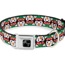 Dog Bone Black/Silver Seatbelt Buckle Collar - Christmas Penguin Flip/Stripe Green/White/Orange/Black