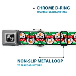 Dog Bone Black/Silver Seatbelt Buckle Collar - Christmas Penguin Flip/Stripe Green/White/Orange/Black