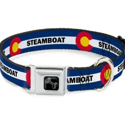 Dog Bone Black/Silver Seatbelt Buckle Collar - Colorado STEAMBOAT Flag Blue/White/Red/Yellow