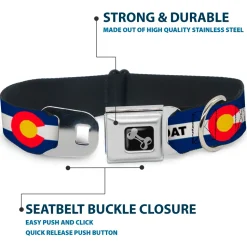 Dog Bone Black/Silver Seatbelt Buckle Collar - Colorado STEAMBOAT Flag Blue/White/Red/Yellow