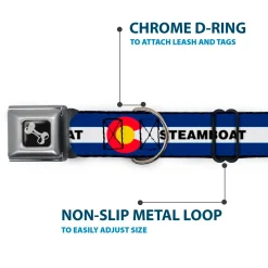 Dog Bone Black/Silver Seatbelt Buckle Collar - Colorado STEAMBOAT Flag Blue/White/Red/Yellow