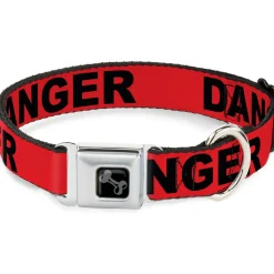 Dog Bone Black/Silver Seatbelt Buckle Collar - DANGER Text Red/Black