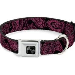 Dog Bone Black/Silver Seatbelt Buckle Collar - Paisley Black/Neon Pink