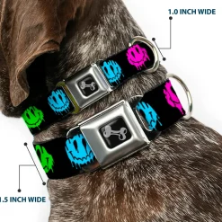 Dog Bone Black/Silver Seatbelt Buckle Collar - Smiley Face Melted Repeat Black/Multi Neon