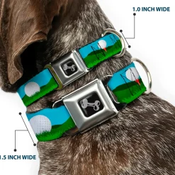 Dog Bone Black/Silver Seatbelt Buckle Collar - Golf Course/Balls/Holes Blues/Greens