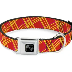 Dog Bone Black/Silver Seatbelt Buckle Collar - Plaid X4 Fluorescent Oranges/Pinks/Yellow