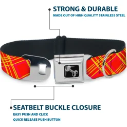 Dog Bone Black/Silver Seatbelt Buckle Collar - Plaid X4 Fluorescent Oranges/Pinks/Yellow