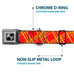 Dog Bone Black/Silver Seatbelt Buckle Collar - Plaid X4 Fluorescent Oranges/Pinks/Yellow