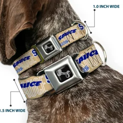 Dog Bone Black/Silver Seatbelt Buckle Collar - SAUCE Typography Collage Tan/White/Blue