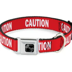 Dog Bone Black/Silver Seatbelt Buckle Collar - Pet Quote CAUTION Red/White