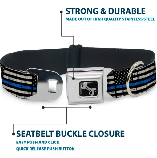 Dog Bone Black/Silver Seatbelt Buckle Collar - Thin Blue Line Flag Weathered Black/Gray/Blue