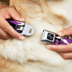 Dog Bone Black/Silver Seatbelt Buckle Collar - Camo Purple/Black/Gray/White