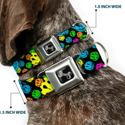 Dog Bone Black/Silver Seatbelt Buckle Collar - Smiley Faces Melted Stacked Black/Multi Neon