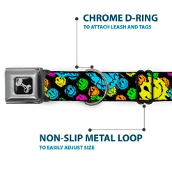 Dog Bone Black/Silver Seatbelt Buckle Collar - Smiley Faces Melted Stacked Black/Multi Neon
