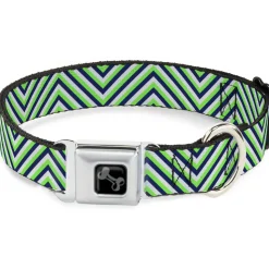Dog Bone Black/Silver Seatbelt Buckle Collar - Chevron Stripe White/Neon Green/Navy