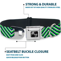 Dog Bone Black/Silver Seatbelt Buckle Collar - Chevron Stripe White/Neon Green/Navy