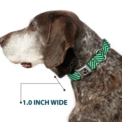 Dog Bone Black/Silver Seatbelt Buckle Collar - Chevron Stripe White/Neon Green/Navy