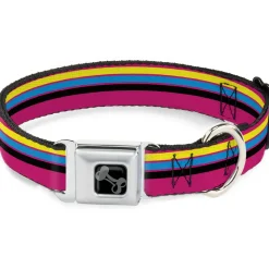 Dog Bone Black/Silver Seatbelt Buckle Collar - Racing Stripes Pink/Yellow/Blue/Black