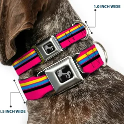 Dog Bone Black/Silver Seatbelt Buckle Collar - Racing Stripes Pink/Yellow/Blue/Black