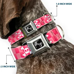 Dog Bone Seatbelt Buckle Collar - Cute Skulls w/Checkers Pinks/White