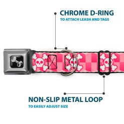 Dog Bone Seatbelt Buckle Collar - Cute Skulls w/Checkers Pinks/White