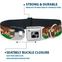 Dog Bone Seatbelt Buckle Collar - Pug Puppies/Paw Prints Browns/Greens