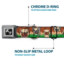 Dog Bone Seatbelt Buckle Collar - Pug Puppies/Paw Prints Browns/Greens