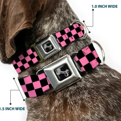 Dog Bone Seatbelt Buckle Collar - Checker Black/Pink