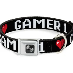 Dog Bone Seatbelt Buckle Collar - GAMER 1/Heart 8-Bit Black/White/Red