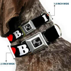 Dog Bone Seatbelt Buckle Collar - I "HEART" BACON Black/White/Red