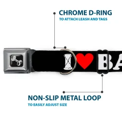 Dog Bone Seatbelt Buckle Collar - I "HEART" BACON Black/White/Red