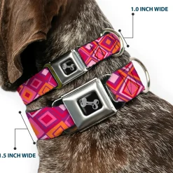 Dog Bone Seatbelt Buckle Collar - Skewed Squares Stacked Purple/Orange/Pinks