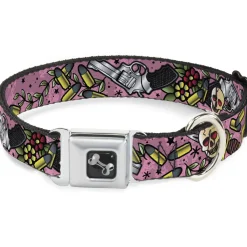 Dog Bone Seatbelt Buckle Collar - Born to Raise Hell CLOSE-UP Pink