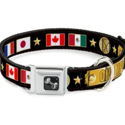 Dog Bone Seatbelt Buckle Collar - CHAMPION Belt/Flags/Stars Black/Golds