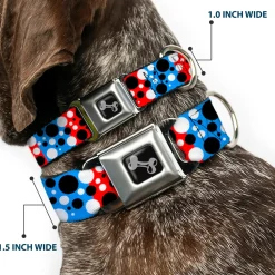 Dog Bone Seatbelt Buckle Collar - Dot Blocks Blue/Red/Black/White