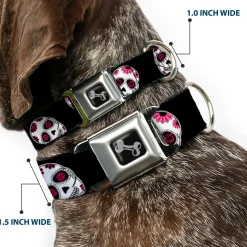 Dog Bone Seatbelt Buckle Collar - Sugar Skulls Scattered Black/White/Fuchsia