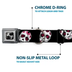 Dog Bone Seatbelt Buckle Collar - Sugar Skulls Scattered Black/White/Fuchsia