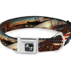 Dog Bone Seatbelt Buckle Collar - Surfboard Cali Scenes/US Flag Stacked Brown